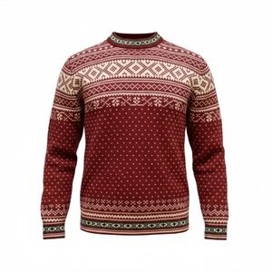 LL Bean Womens Fair‎ Isle Knit Wool Sweater Red White L Button Neck Vintage